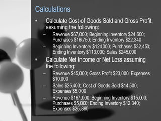 Calculations Calculate Cost of Goods Sold and Gross Profit, assuming the following: Revenue $67,000; Beginning Inventory $24,600; Purchases $16,750; Ending Inventory $22,340 Beginning Inventory $124,000; Purchases $32,450; Ending Inventory $113,000; Sales $245,000 Calculate Net Income or Net Loss assuming the following: Revenue $45,000; Gross Profit $23,000; Expenses $10,000 Sales $25,400; Cost of Goods Sold $14,500; Expenses $5,000 Revenue $167,000; Beginning Inventory $15,000; Purchases $5,000; Ending Inventory $12,340; Expenses $25,890 
