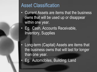 Asset Classification Current Assets are items that the business owns that will be used up or disappear within one year. Eg.  Cash, Accounts Receivable, Inventory, Supplies Long-term (Capital) Assets are items that the business owns that will last for longer than one year. Eg.  Automobiles, Building, Land 