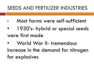 SEEDS AND FERTILIZER INDUSTRIES
• Most farms were self-sufficient
• 1930’s- hybrid or special seeds
were first made
• World War II- tremendous
increase in the demand for nitrogen
for explosives
 