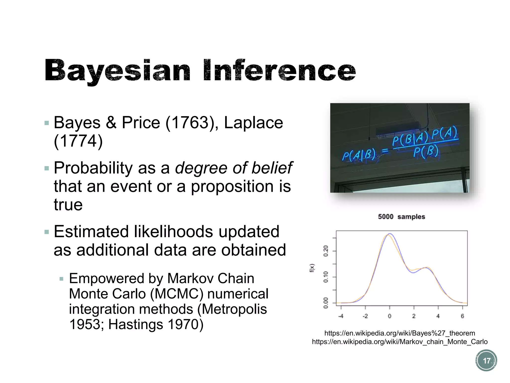▪ Bayes & Price (1763), Laplace
(1774)
▪ Probability as a degree of belief
that an event or a proposition is
true
▪ Estimated likelihoods updated
as additional data are obtained
▪ Empowered by Markov Chain
Monte Carlo (MCMC) numerical
integration methods (Metropolis
1953; Hastings 1970)
17
https://en.wikipedia.org/wiki/Bayes%27_theorem
https://en.wikipedia.org/wiki/Markov_chain_Monte_Carlo
 