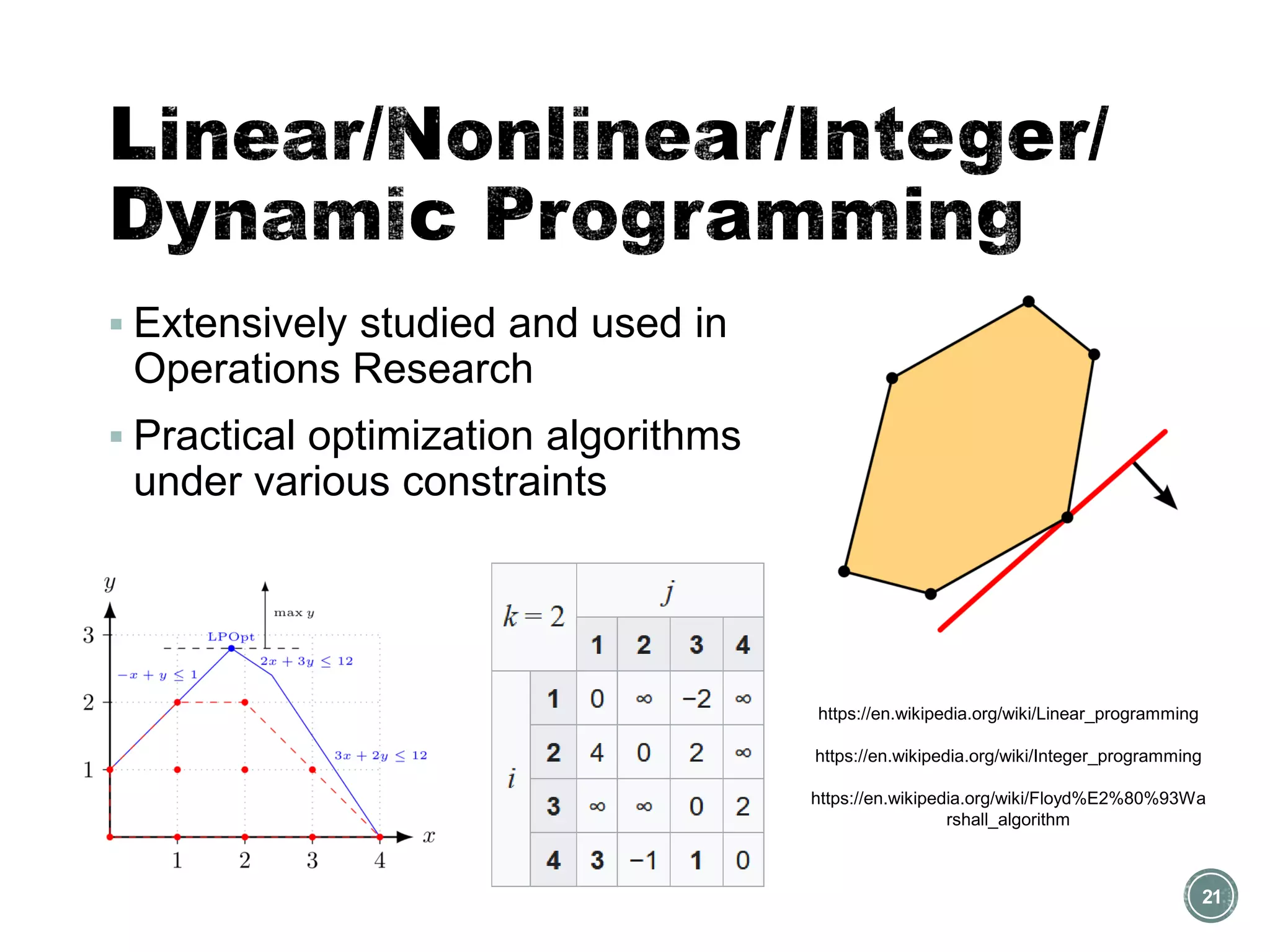 ▪ Extensively studied and used in
Operations Research
▪ Practical optimization algorithms
under various constraints
21
https://en.wikipedia.org/wiki/Linear_programming
https://en.wikipedia.org/wiki/Integer_programming
https://en.wikipedia.org/wiki/Floyd%E2%80%93Wa
rshall_algorithm
 