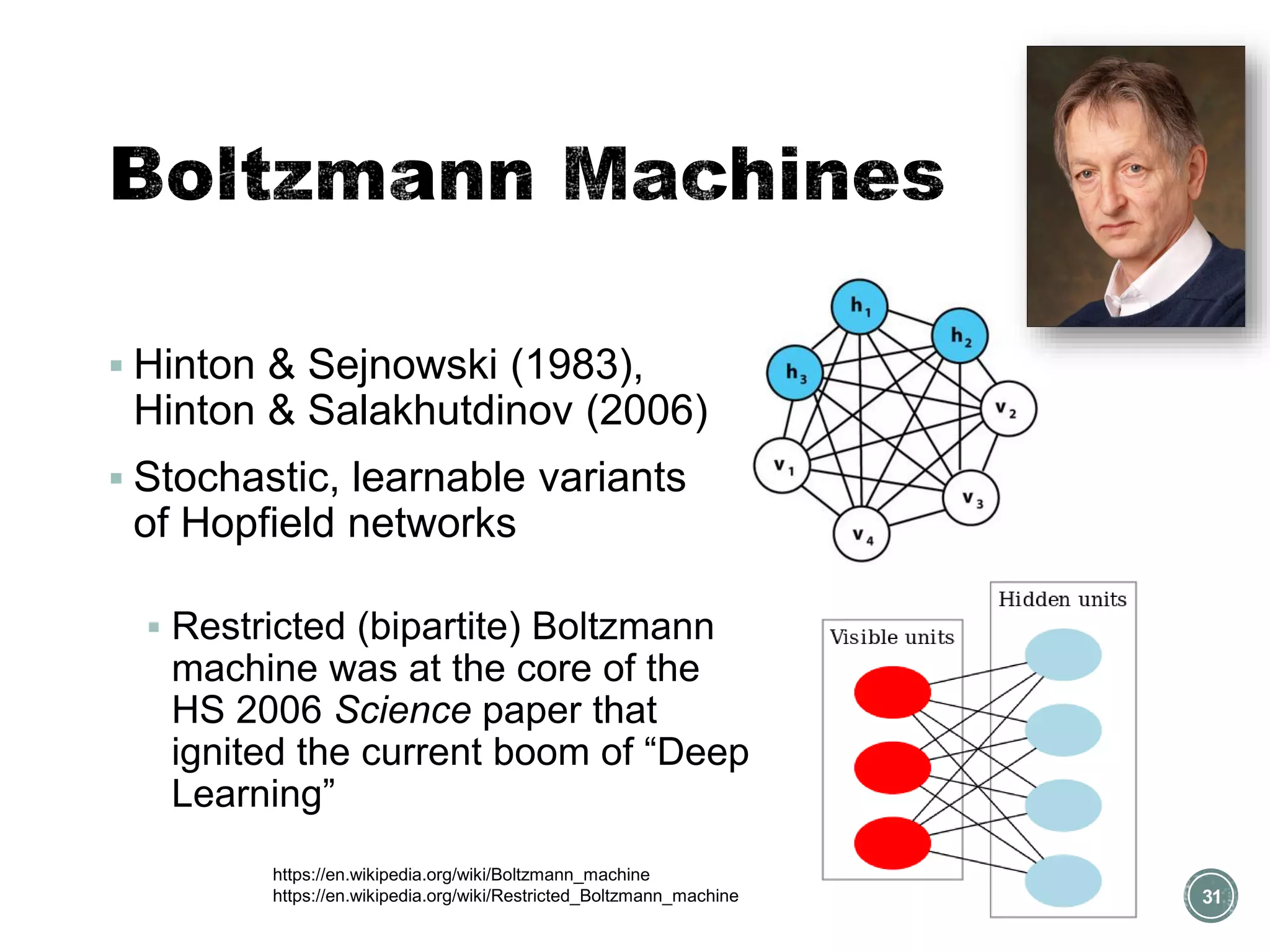 ▪ Hinton & Sejnowski (1983),
Hinton & Salakhutdinov (2006)
▪ Stochastic, learnable variants
of Hopfield networks
▪ Restricted (bipartite) Boltzmann
machine was at the core of the
HS 2006 Science paper that
ignited the current boom of “Deep
Learning”
31
https://en.wikipedia.org/wiki/Boltzmann_machine
https://en.wikipedia.org/wiki/Restricted_Boltzmann_machine
 