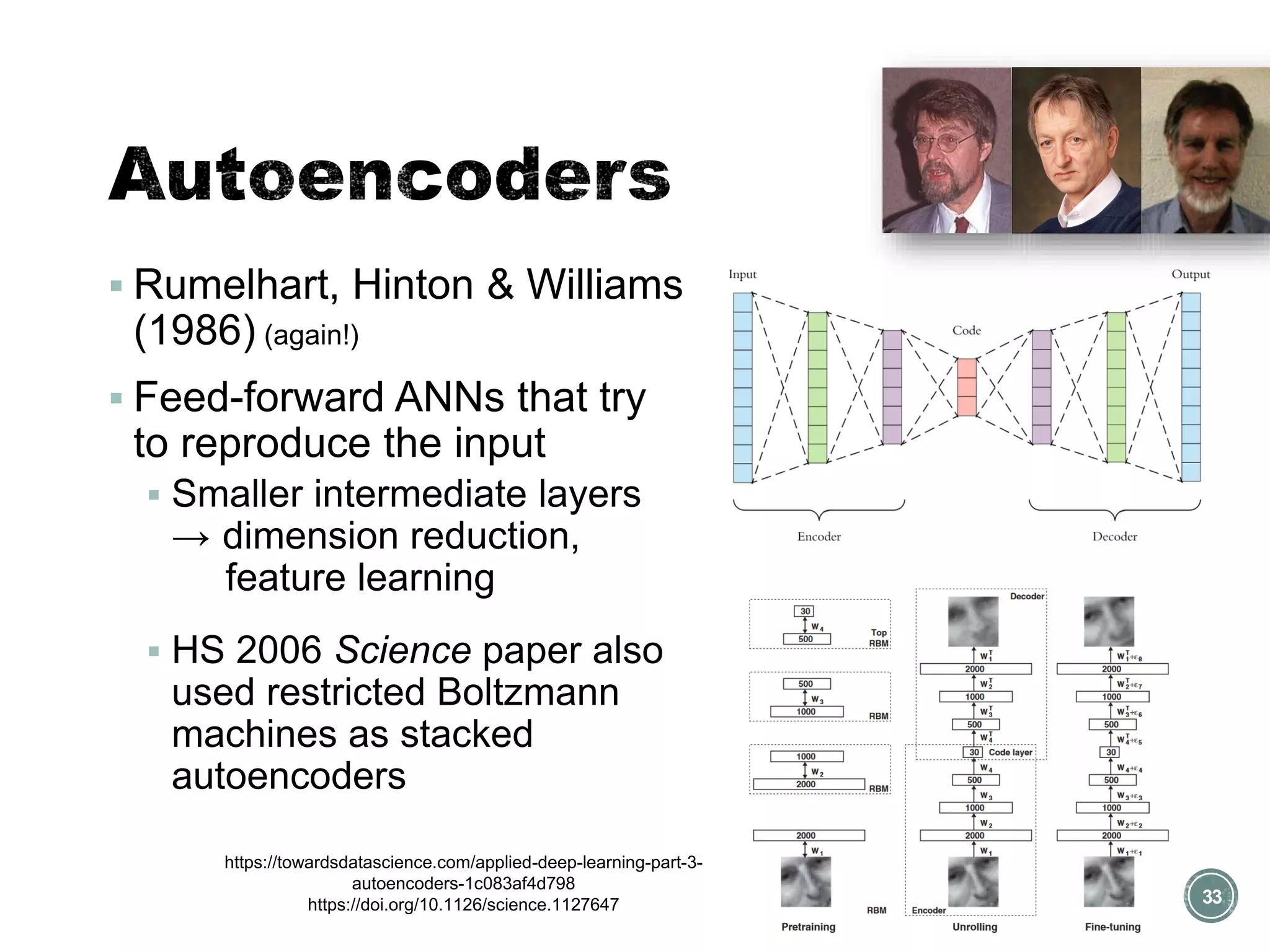 ▪ Rumelhart, Hinton & Williams
(1986) (again!)
▪ Feed-forward ANNs that try
to reproduce the input
▪ Smaller intermediate layers
→ dimension reduction,
feature learning
▪ HS 2006 Science paper also
used restricted Boltzmann
machines as stacked
autoencoders
33
https://towardsdatascience.com/applied-deep-learning-part-3-
autoencoders-1c083af4d798
https://doi.org/10.1126/science.1127647
 