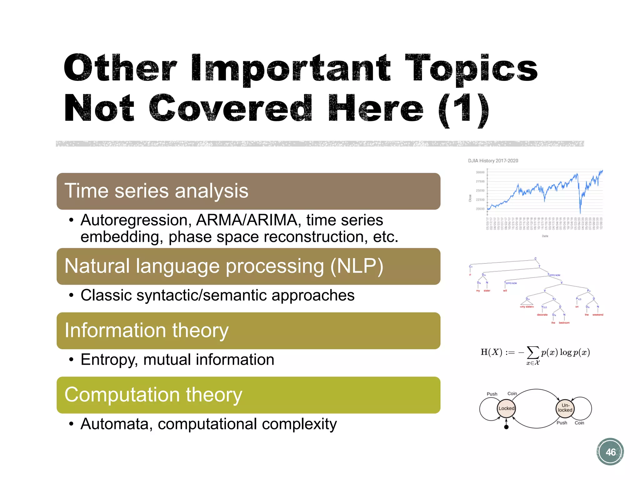 46
Time series analysis
• Autoregression, ARMA/ARIMA, time series
embedding, phase space reconstruction, etc.
Natural language processing (NLP)
• Classic syntactic/semantic approaches
Information theory
• Entropy, mutual information
Computation theory
• Automata, computational complexity
 