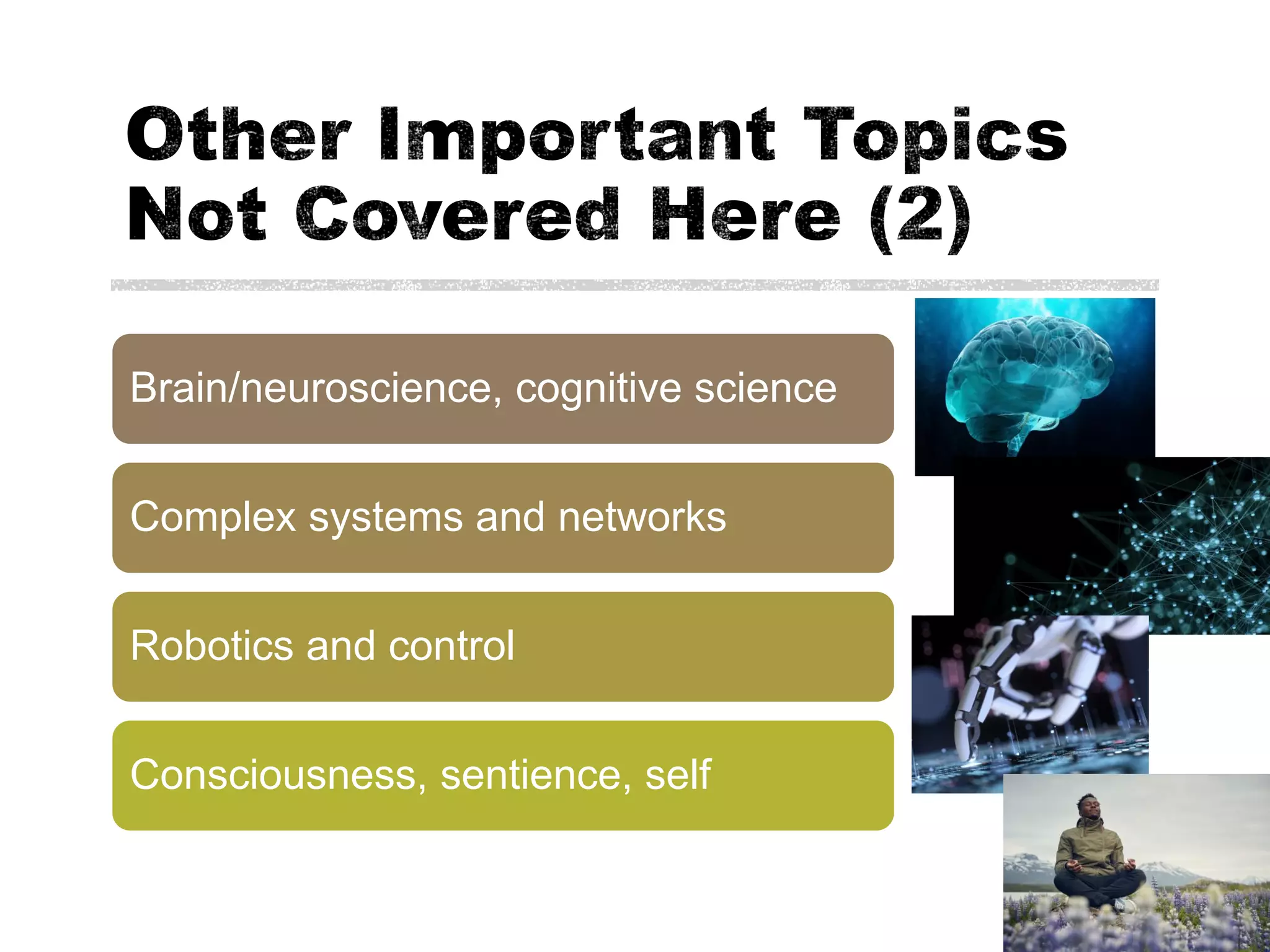 47
Brain/neuroscience, cognitive science
Complex systems and networks
Robotics and control
Consciousness, sentience, self
 