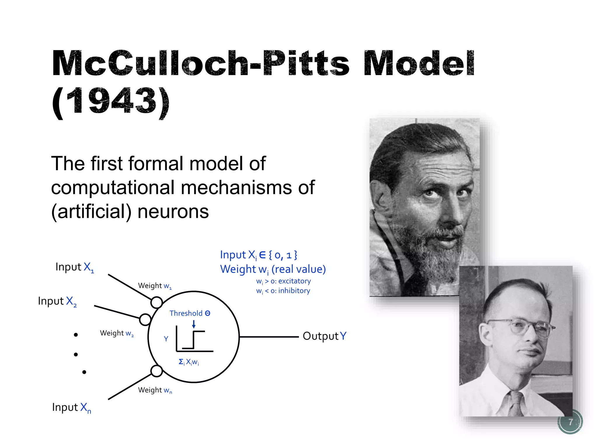 7
The first formal model of
computational mechanisms of
(artificial) neurons
 