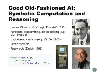 Good Old-Fashioned AI:
Symbolic Computation and
Reasoning
▪ Herbert Simon et al.’s “Logic Theorist” (1956)
▪ Functional programming, list processing (e.g.,
LISP (1955-))
▪ Logic-based chatbots (e.g., ELIZA (1966))
▪ Expert systems
▪ Fuzzy logic (Zadeh, 1965)
10
 