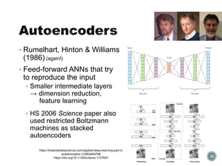 Autoencoders
▪ Rumelhart, Hinton & Williams
(1986) (again!)
▪ Feed-forward ANNs that try
to reproduce the input
▪ Smaller intermediate layers
→ dimension reduction,
feature learning
▪ HS 2006 Science paper also
used restricted Boltzmann
machines as stacked
autoencoders
32
https://towardsdatascience.com/applied-deep-learning-part-3-
autoencoders-1c083af4d798
https://doi.org/10.1126/science.1127647
 