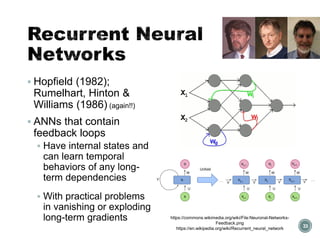 Recurrent Neural
Networks
▪ Hopfield (1982);
Rumelhart, Hinton &
Williams (1986) (again!!)
▪ ANNs that contain
feedback loops
▪ Have internal states and
can learn temporal
behaviors of any long-
term dependencies
▪ With practical problems
in vanishing or exploding
long-term gradients
33
https://commons.wikimedia.org/wiki/File:Neuronal-Networks-
Feedback.png
https://en.wikipedia.org/wiki/Recurrent_neural_network
h
o
V
nfold
t 1
ht 1
ot 1
t
ht
ot
t+1
ht+1
ot+1
V
V V V
... ...
 