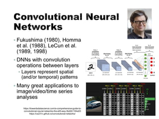 Convolutional Neural
Networks
▪ Fukushima (1980), Homma
et al. (1988), LeCun et al.
(1989, 1998)
▪ DNNs with convolution
operations between layers
▪ Layers represent spatial
(and/or temporal) patterns
▪ Many great applications to
image/video/time series
analyses
37
https://towardsdatascience.com/a-comprehensive-guide-to-
convolutional-neural-networks-the-eli5-way-3bd2b1164a53
https://cs231n.github.io/convolutional-networks/
 