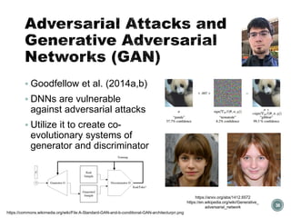 Adversarial Attacks and
Generative Adversarial
Networks (GAN)
38
https://arxiv.org/abs/1412.6572
https://en.wikipedia.org/wiki/Generative_
adversarial_network
▪ Goodfellow et al. (2014a,b)
▪ DNNs are vulnerable
against adversarial attacks
▪ Utilize it to create co-
evolutionary systems of
generator and discriminator
https://commons.wikimedia.org/wiki/File:A-Standard-GAN-and-b-conditional-GAN-architecturpn.png
 