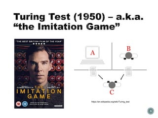 Turing Test (1950) – a.k.a.
“the Imitation Game”
5
https://en.wikipedia.org/wiki/Turing_test
 
