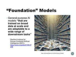 “Foundation” Models
▪ General-purpose AI
models “that are
trained on broad
data at scale and
are adaptable to a
wide range of
downstream tasks”
− Stanford Institute for
Human-Centered Artificial
Intelligence (2021);
https://arxiv.org/abs/2108.07
258
51
https://philosophyterms.com/the-library-of-babel/
 