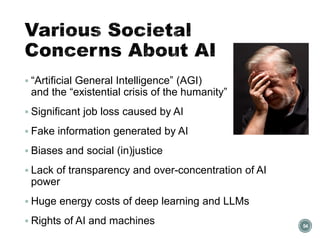 Various Societal
Concerns About AI
▪ “Artificial General Intelligence” (AGI)
and the “e istential crisis of the humanity”
▪ Significant job loss caused by AI
▪ Fake information generated by AI
▪ Biases and social (in)justice
▪ Lack of transparency and over-concentration of AI
power
▪ Huge energy costs of deep learning and LLMs
▪ Rights of AI and machines 54
 