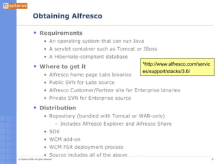 Obtaining Alfresco Requirements An operating system that can run Java A servlet container such as Tomcat or JBoss A Hibernate-compliant database Where to get it Alfresco home page Labs binaries Public SVN for Labs source Alfresco Customer/Partner site for Enterprise binaries Private SVN for Enterprise source Distribution Repository (bundled with Tomcat or WAR-only) Includes Alfresco Explorer and Alfresco Share SDK WCM add-on WCM FSR deployment process Source includes all of the above *http://www.alfresco.com/services/support/stacks/3.0/ 