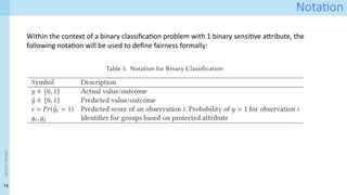 14
<event
name>
Notation
Within the context of a binary classification problem with 1 binary sensitive attribute, the
following notation will be used to define fairness formally:
 