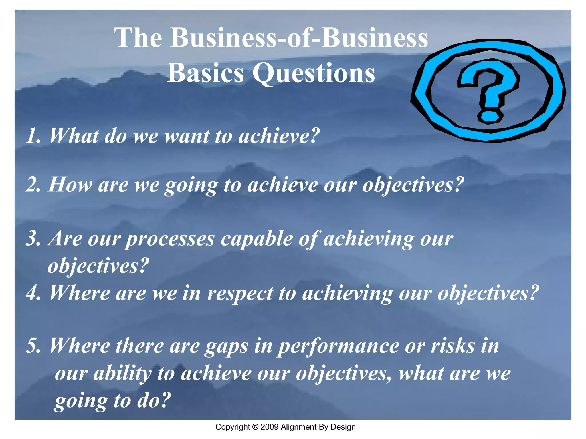 The Business-of-Business Basics Questions 5. Where there are gaps in performance or risks in our ability to achieve our objectives, what are we going to do? 1. What do we want to achieve? 2. How are we going to achieve our objectives? 3. Are our processes capable of achieving our objectives? 4. Where are we in respect to achieving our objectives?  