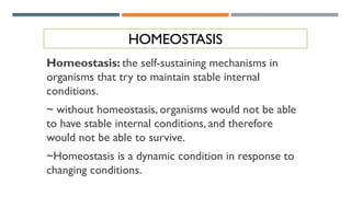 HOMEOSTASIS
Homeostasis: the self-sustaining mechanisms in
organisms that try to maintain stable internal
conditions.
~ without homeostasis, organisms would not be able
to have stable internal conditions, and therefore
would not be able to survive.
~Homeostasis is a dynamic condition in response to
changing conditions.
 