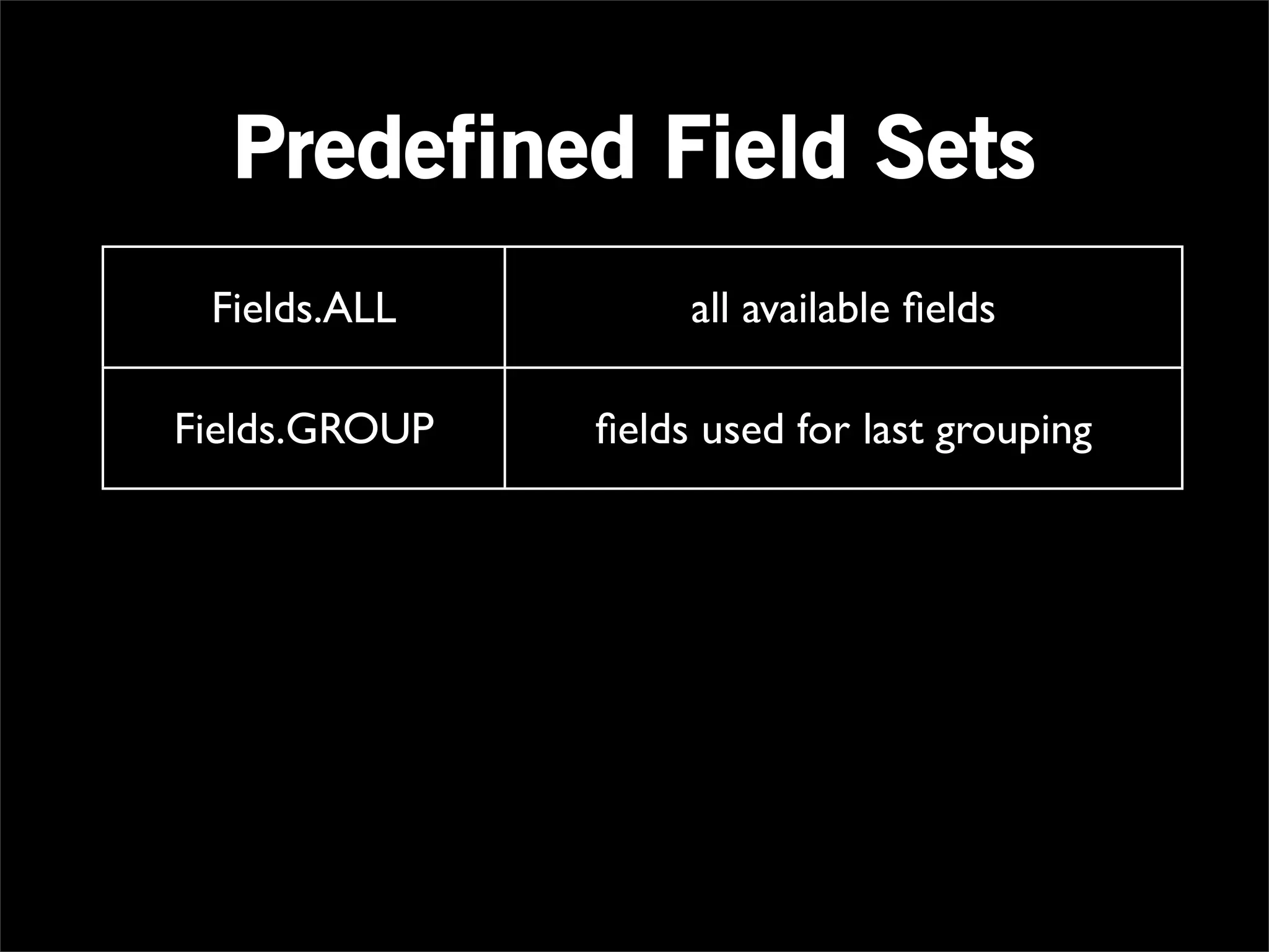Predefined Field Sets
  Fields.ALL              all available ﬁelds

Fields.GROUP         ﬁelds used for last grouping

Fields.VALUES      ﬁelds not used for last grouping

                       ﬁelds of argument Tuple
 Fields.ARGS
                          (for Operations)
                 replaces input with Operation result
Fields.RESULTS
                              (for Pipes)
 