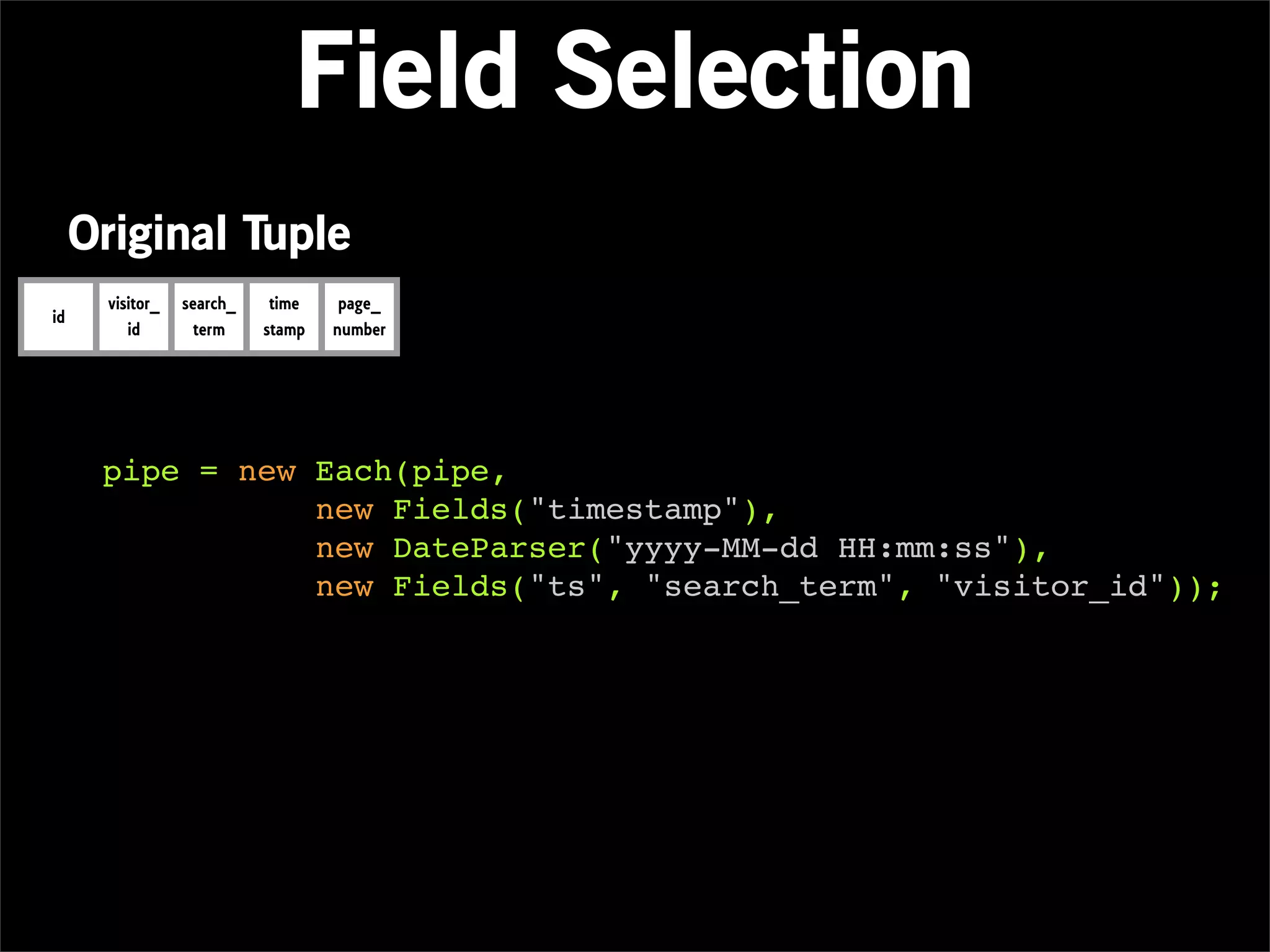 Field Selection
     Original Tuple
      visitor_   search_    time    page_
id
         id        term    stamp   number




      pipe = new Each(pipe,
                 new Fields("timestamp"),
                 new DateParser("yyyy-MM-dd HH:mm:ss"),
                 new Fields("ts", "search_term", "visitor_id"));
 