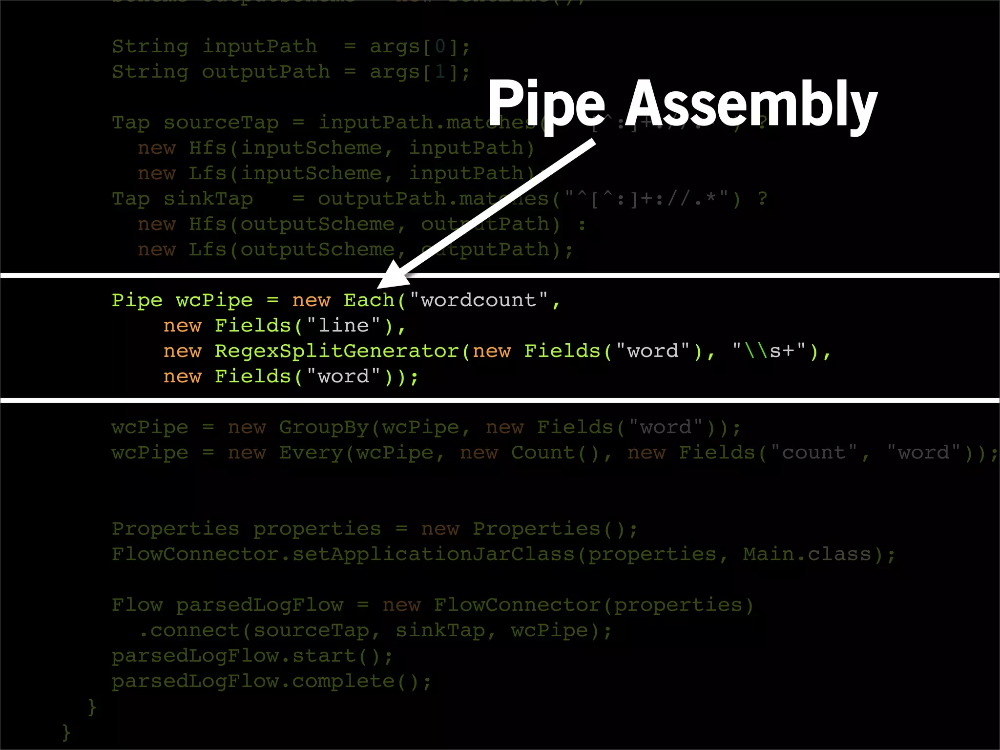 Scheme outputScheme = new TextLine();

        String inputPath = args[0];
        String outputPath = args[1];

                                       Pipe Assembly
        Tap sourceTap = inputPath.matches( "^[^:]+://.*") ?
          new Hfs(inputScheme, inputPath)    :
          new Lfs(inputScheme, inputPath);
        Tap sinkTap   = outputPath.matches("^[^:]+://.*") ?
          new Hfs(outputScheme, outputPath) :
          new Lfs(outputScheme, outputPath);

        Pipe wcPipe = new Each("wordcount",
            new Fields("line"),
            new RegexSplitGenerator(new Fields("word"), "s+"),
            new Fields("word"));

        wcPipe = new GroupBy(wcPipe, new Fields("word"));
        wcPipe = new Every(wcPipe, new Count(), new Fields("count", "word"));


        Properties properties = new Properties();
        FlowConnector.setApplicationJarClass(properties, Main.class);

        Flow parsedLogFlow = new FlowConnector(properties)
          .connect(sourceTap, sinkTap, wcPipe);
        parsedLogFlow.start();
        parsedLogFlow.complete();
    }
}
 