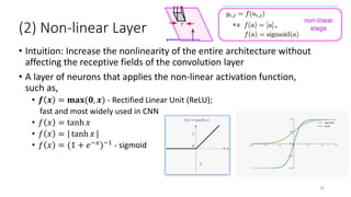 (2) Non-linear Layer
• Intuition: Increase the nonlinearity of the entire architecture without
affecting the receptive fields of the convolution layer
• A layer of neurons that applies the non-linear activation function,
such as,
• 𝒇 𝒙 = 𝐦𝐚𝐱(𝟎, 𝒙) - Rectified Linear Unit (ReLU);
fast and most widely used in CNN
• 𝑓 𝑥 = tanh 𝑥
• 𝑓 𝑥 = | tanh 𝑥 |
• 𝑓 𝑥 = (1 + 𝑒−𝑥
)−1
- sigmoid
16
 