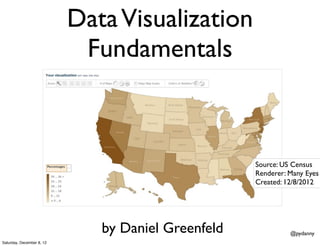 Data Visualization
                            Fundamentals



                                                    Source: US Census
                                                    Renderer: Many Eyes
                                                    Created: 12/8/2012




                              by Daniel Greenfeld             @pydanny
Saturday, December 8, 12
 
