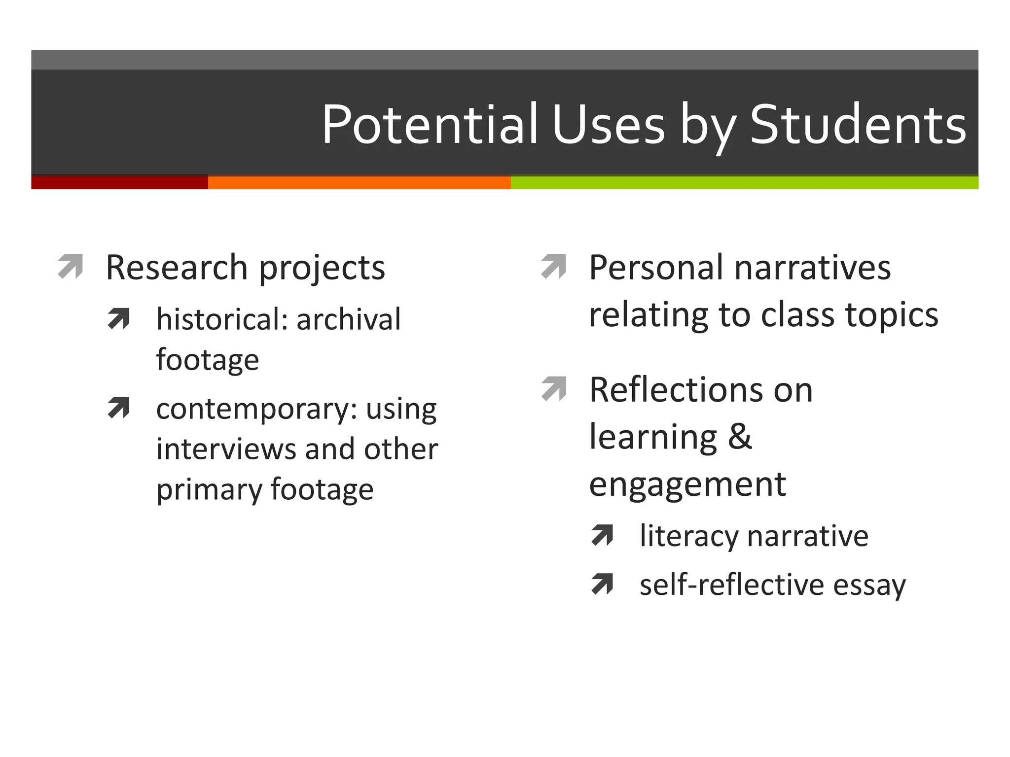 Potential Uses by Students

 Research projects          Personal narratives
   historical: archival      relating to class topics
     footage
   contemporary: using
                             Reflections on
     interviews and other     learning &
     primary footage          engagement
                                literacy narrative
                                self-reflective essay
 