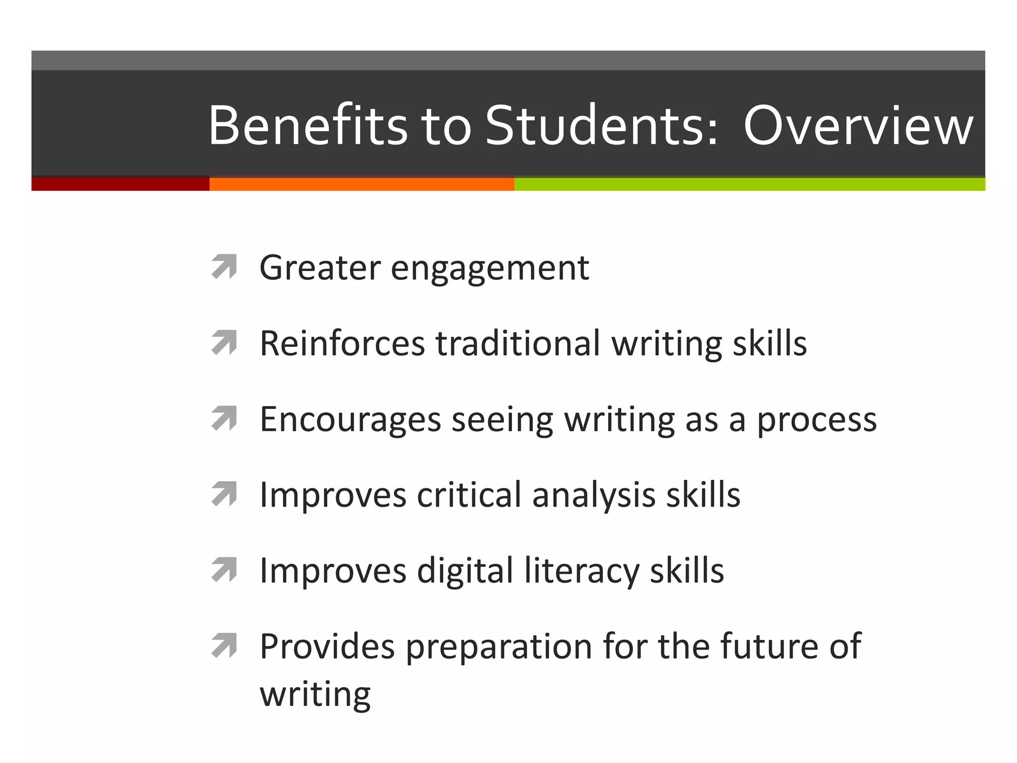 Benefits to Students: Overview

 Greater engagement

 Reinforces traditional writing skills

 Encourages seeing writing as a process

 Improves critical analysis skills

 Improves digital literacy skills

 Provides preparation for the future of
   writing
 