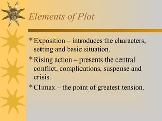 Elements of Plot
Exposition – introduces the characters,
setting and basic situation.
Rising action – presents the central
conflict, complications, suspense and
crisis.
Climax – the point of greatest tension.
 