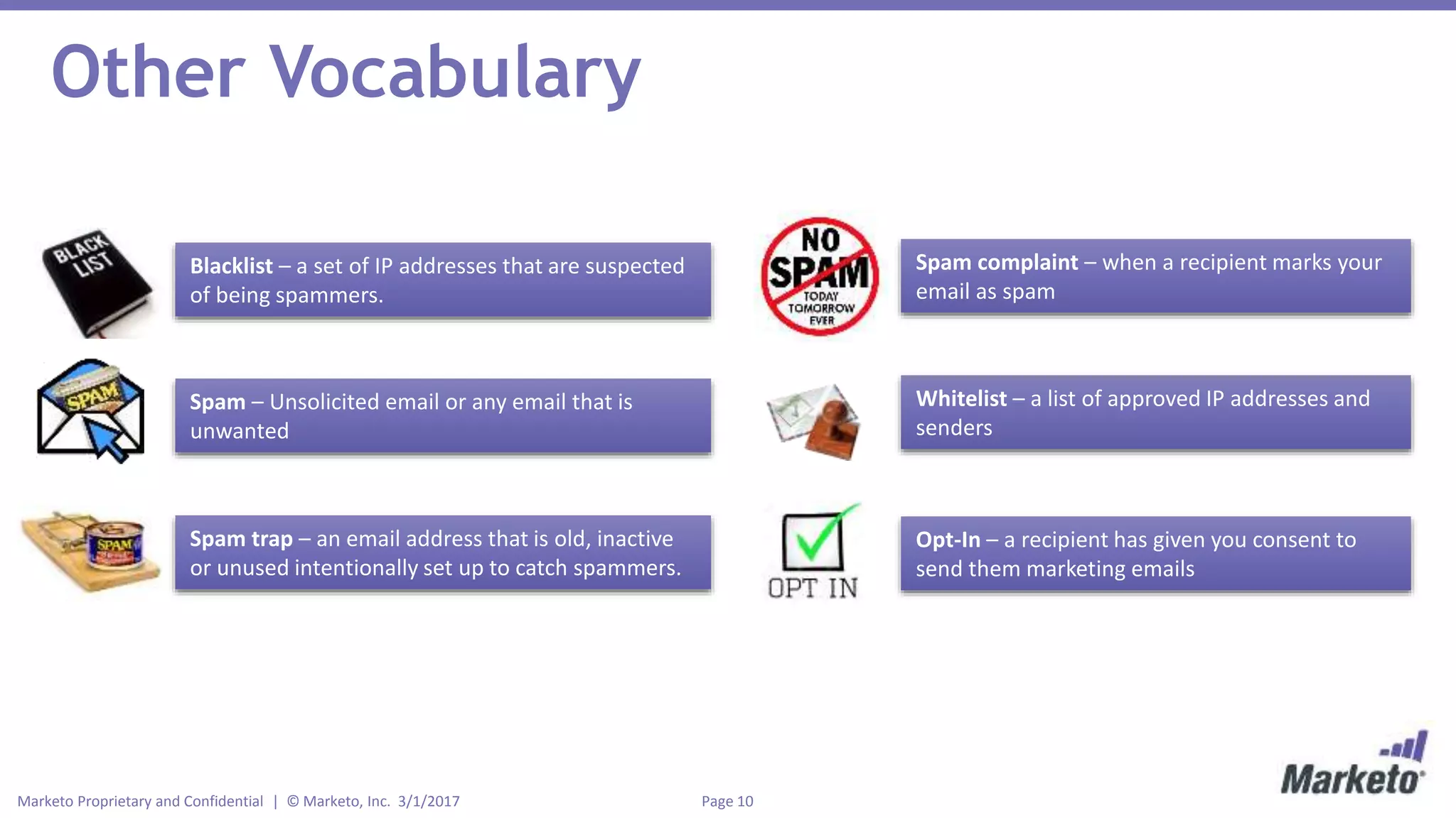 Page 10Marketo Proprietary and Confidential | © Marketo, Inc. 3/1/2017
Other Vocabulary
Blacklist – a set of IP addresses that are suspected
of being spammers.
Spam – Unsolicited email or any email that is
unwanted
Spam trap – an email address that is old, inactive
or unused intentionally set up to catch spammers.
Spam complaint – when a recipient marks your
email as spam
Whitelist – a list of approved IP addresses and
senders
Opt-In – a recipient has given you consent to
send them marketing emails
 