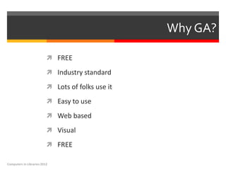 Why GA?

                           FREE

                           Industry standard

                           Lots of folks use it

                           Easy to use

                           Web based

                           Visual

                           FREE

Computers in Libraries 2012
 