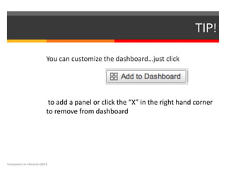 TIP!

                          You can customize the dashboard…just click




                           to add a panel or click the “X” in the right hand corner
                          to remove from dashboard




Computers in Libraries 2012
 