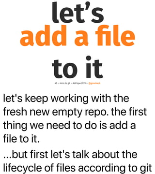 let's keep working with the
fresh new empty repo. the first
thing we need to do is add a
file to it.
...but first let's talk about the
lifecycle of files according to git
let’s
add a ﬁle
to it42 — intro to git — #dcbpw 2019 — @genehack
 
