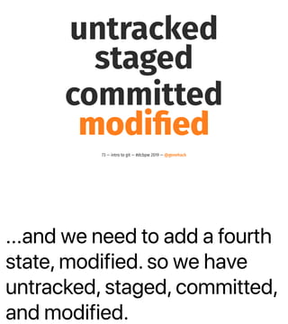 ...and we need to add a fourth
state, modified. so we have
untracked, staged, committed,
and modified.
untracked
staged
committed
modiﬁed
73 — intro to git — #dcbpw 2019 — @genehack
 