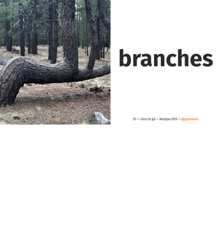 branches
87 — intro to git — #dcbpw 2019 — @genehack
 