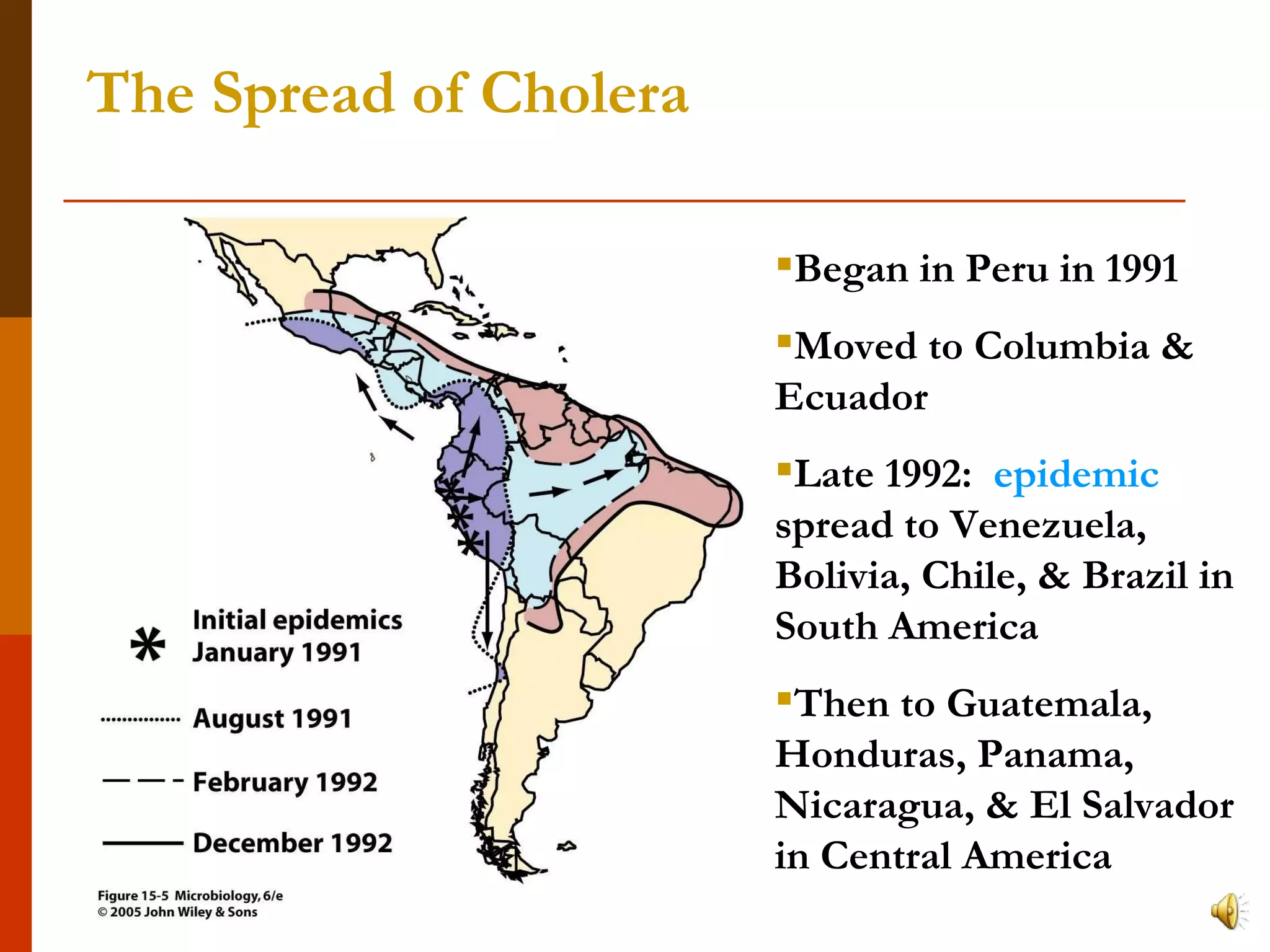 The Spread of Cholera Began in Peru in 1991 Moved to Columbia & Ecuador Late 1992:  epidemic  spread to Venezuela, Bolivia, Chile, & Brazil in South America  Then to Guatemala, Honduras, Panama, Nicaragua, & El Salvador in Central America 