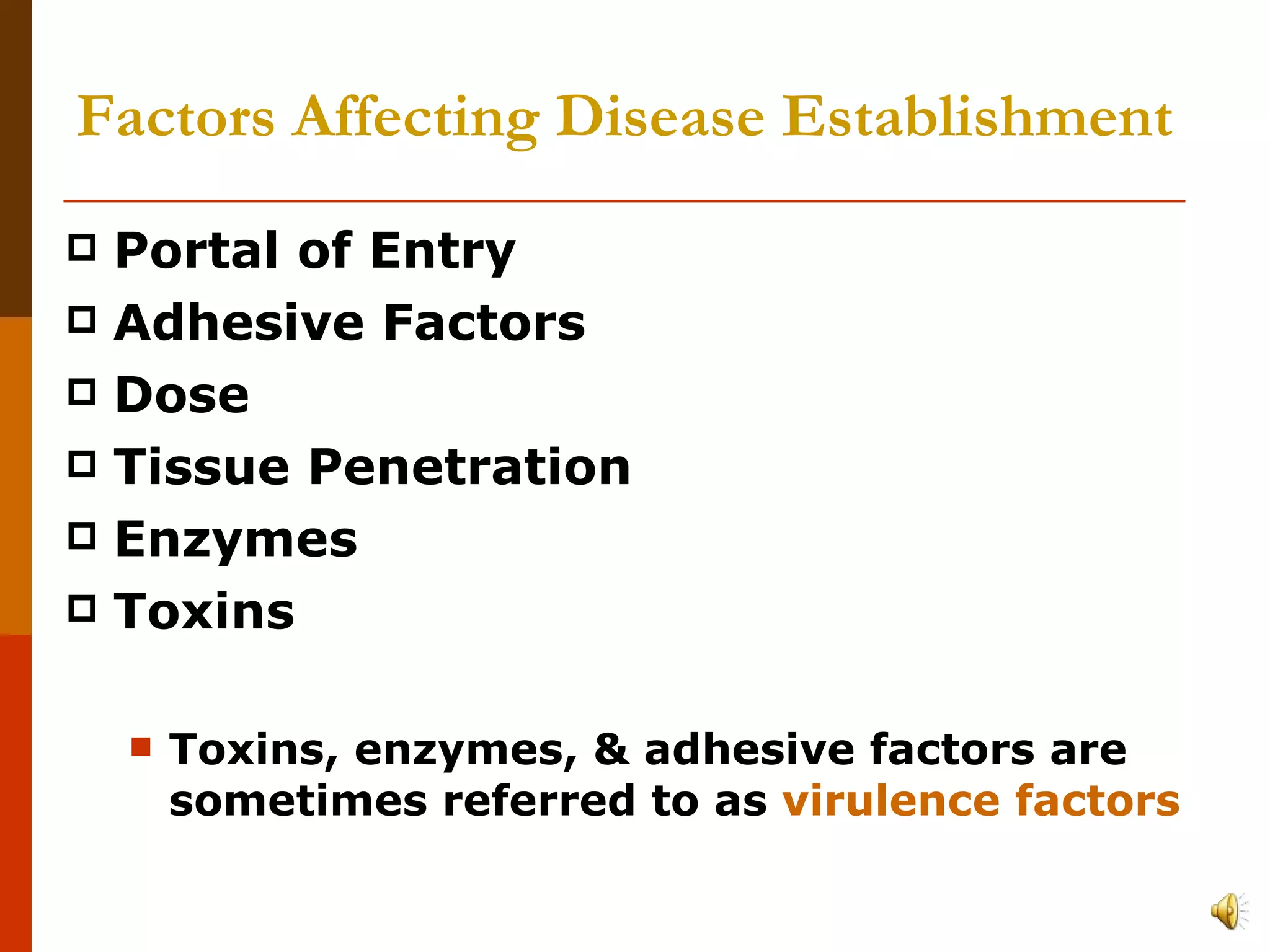 Factors Affecting Disease Establishment Portal of Entry Adhesive Factors Dose Tissue Penetration Enzymes Toxins Toxins, enzymes, & adhesive factors are sometimes referred to as  virulence factors 