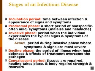 Stages of an Infectious Disease Incubation period:  time between infection & appearance of signs and symptoms Prodromal phase:  a short period of nonspecific, often mild, symptoms (malaise and headache) Invasive phase:  period when the individual experiences the typical signs & symptoms of the disease Acme :  period during invasive phase where  symptoms & signs are most severe Decline phase:  the period of illness when host defenses & effects of treatment overcome the pathogen Convalescent period:  tissues are repaired, healing takes place, & body regains strength & recovers 
