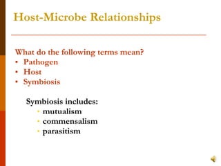 Host-Microbe Relationships What do the following terms mean? Pathogen Host Symbiosis Symbiosis includes:  mutualism commensalism parasitism 