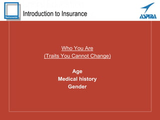 Introduction to Insurance
Who You Are
(Traits You Cannot Change)
Age
Medical history
Gender
 