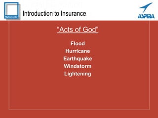 Introduction to Insurance
“Acts of God”
Flood
Hurricane
Earthquake
Windstorm
Lightening
 