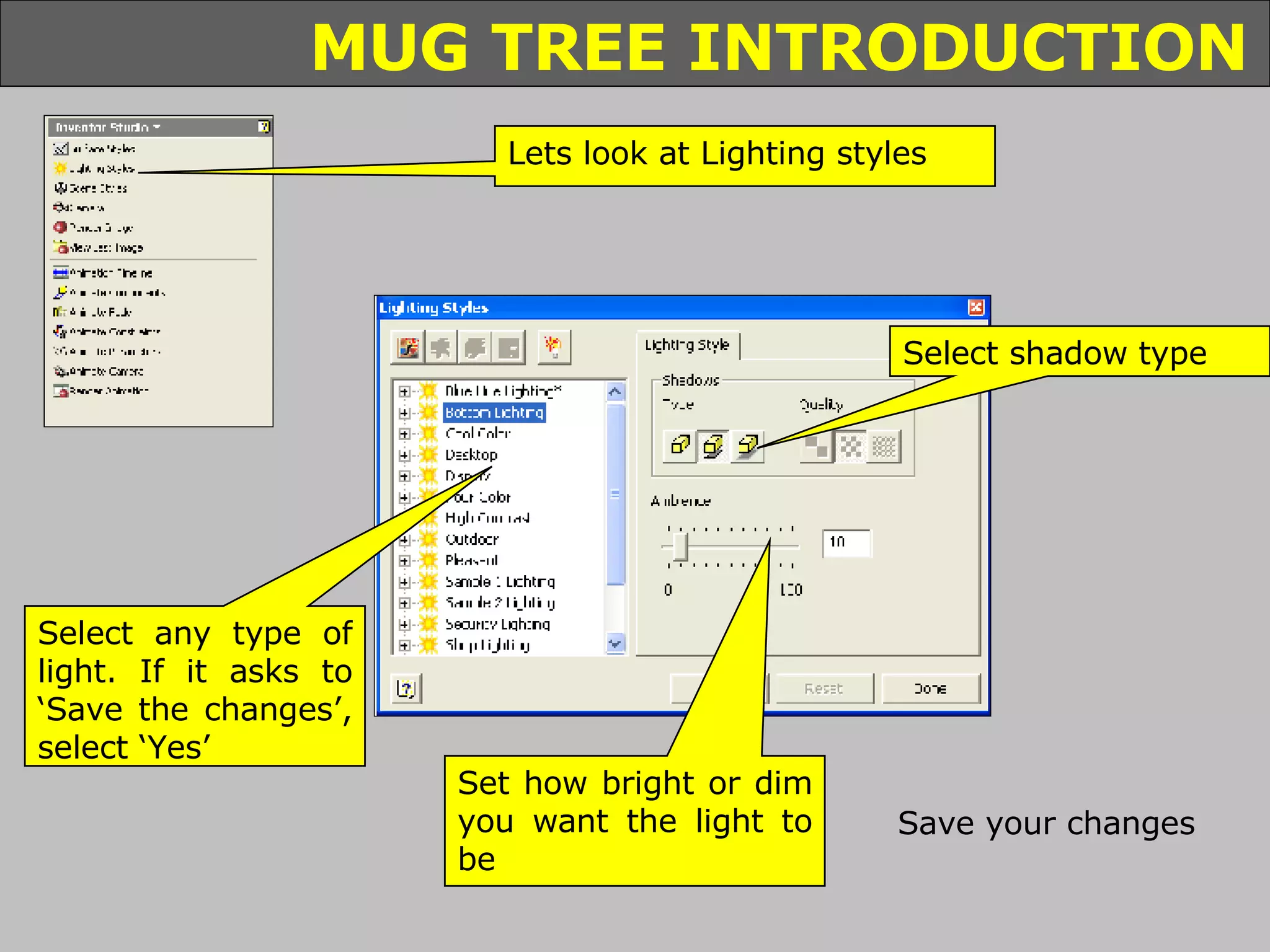 Lets look at Lighting styles Select any type of light. If it asks to ‘Save the changes’, select ‘Yes’ Select shadow type Set how bright or dim you want the light to be Save your changes 