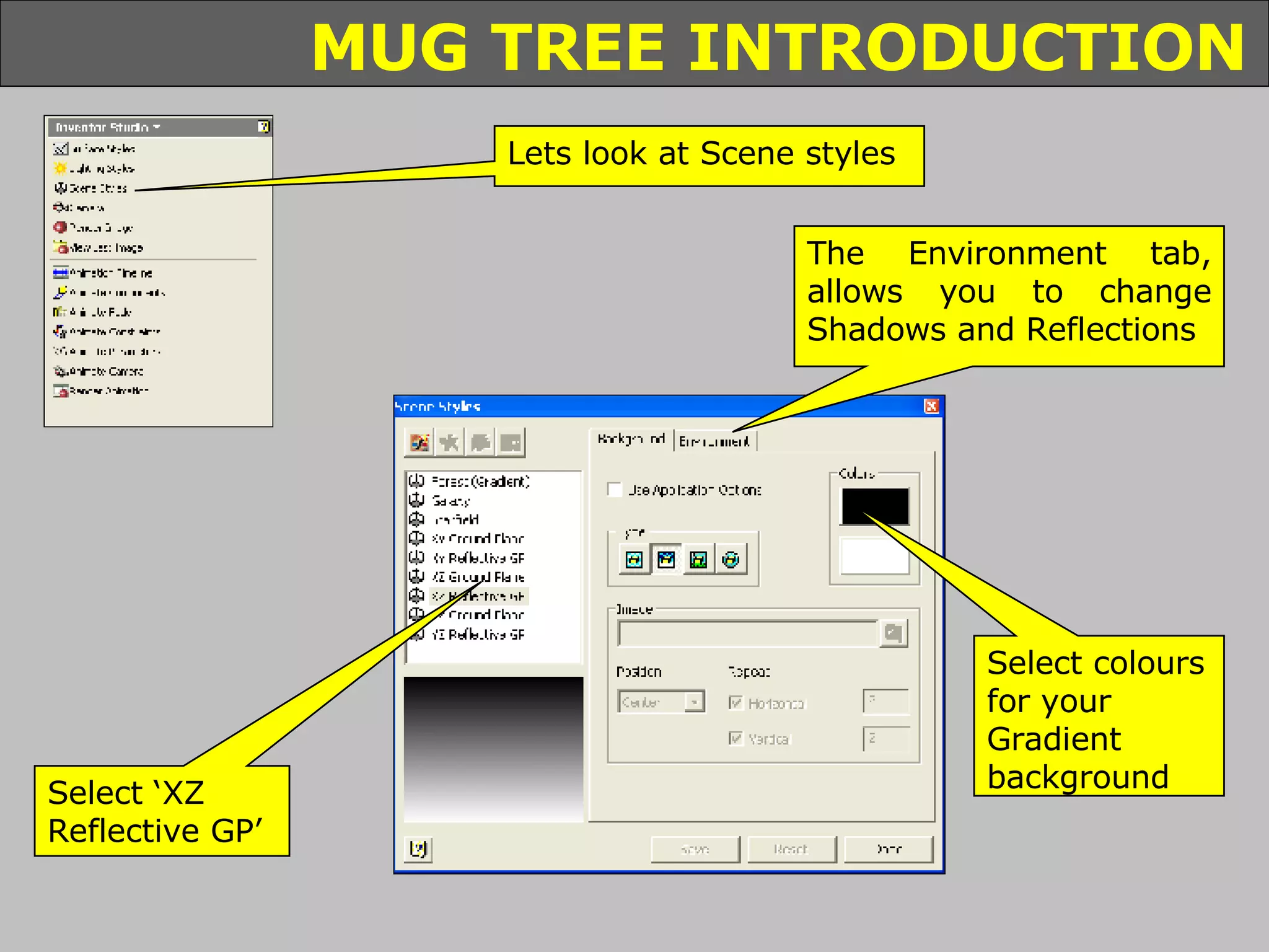 Lets look at Scene styles Select ‘XZ Reflective GP’ Select colours for your Gradient background The Environment tab, allows you to change Shadows and Reflections 