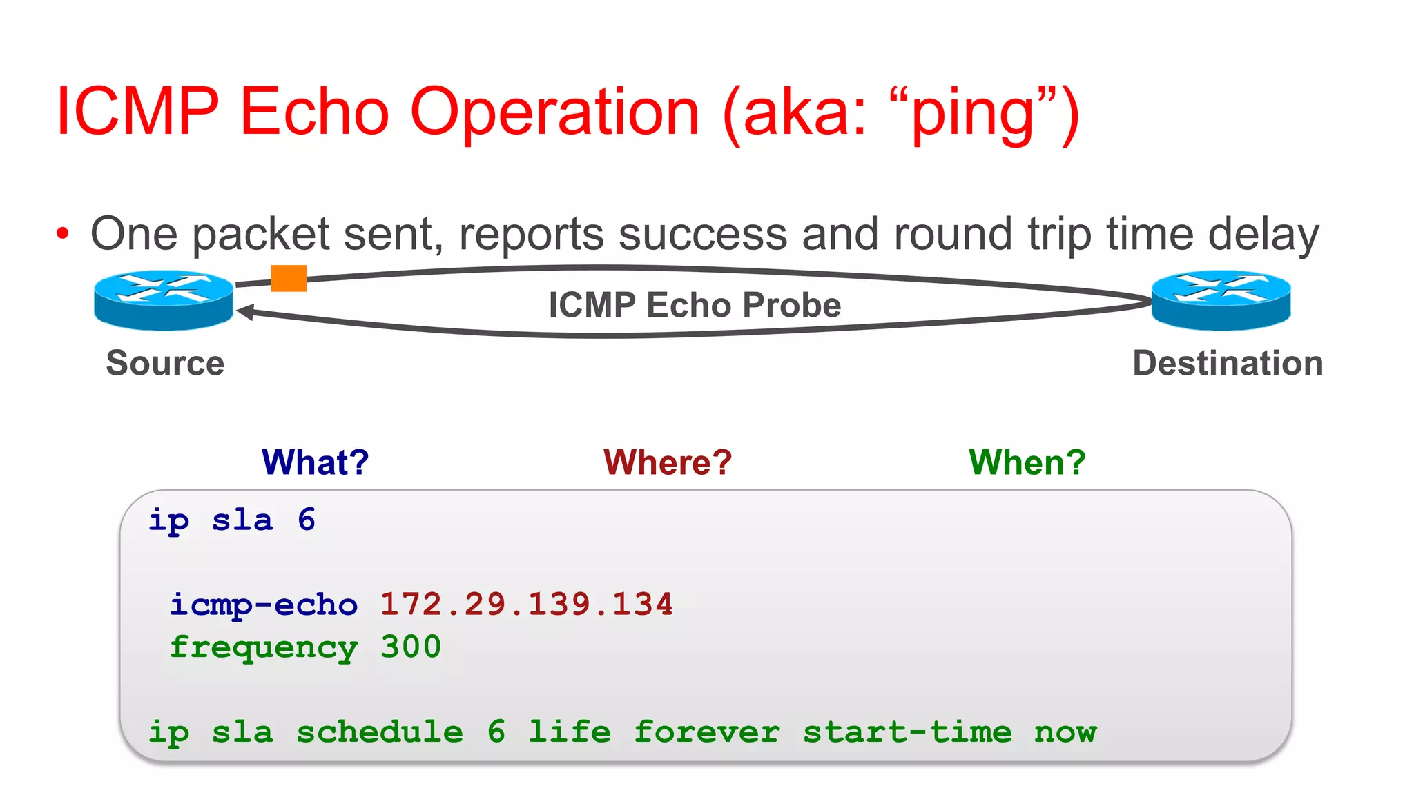 ICMP Echo Operation (aka: ―ping‖)
• One packet sent, reports success and round trip time delay
                       ICMP Echo Probe
  Source                                            Destination

           What?          Where?           When?
    ip sla 6

     icmp-echo 172.29.139.134
     frequency 300

    ip sla schedule 6 life forever start-time now
 