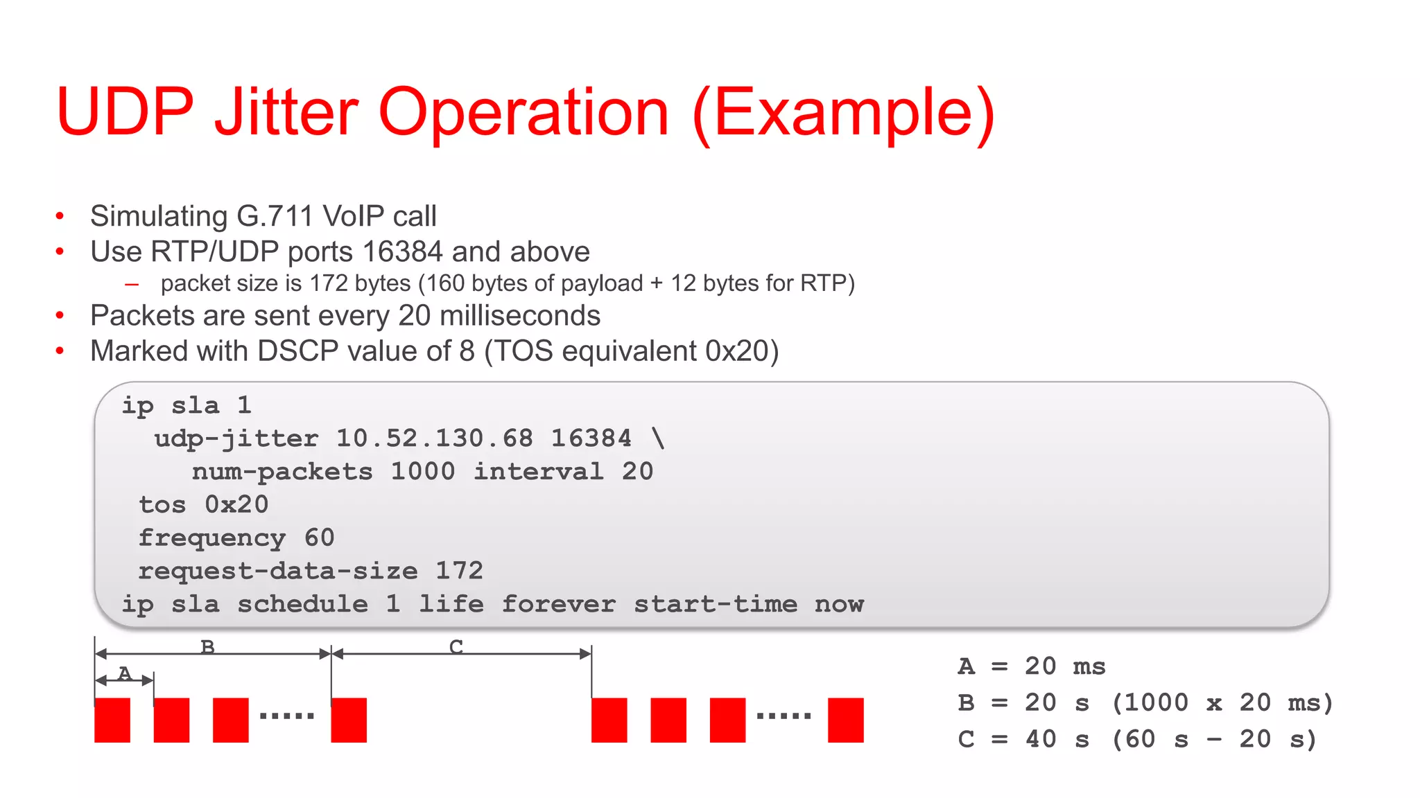 UDP Jitter Operation (Example)
• Simulating G.711 VoIP call
• Use RTP/UDP ports 16384 and above
    – packet size is 172 bytes (160 bytes of payload + 12 bytes for RTP)
• Packets are sent every 20 milliseconds
• Marked with DSCP value of 8 (TOS equivalent 0x20)
    ip sla 1
      udp-jitter 10.52.130.68 16384 
        num-packets 1000 interval 20
     tos 0x20
     frequency 60
     request-data-size 172
    ip sla schedule 1 life forever start-time now
           B                      C
    A                                                                      A = 20 ms
                                                                           B = 20 s (1000 x 20 ms)
                                                                           C = 40 s (60 s – 20 s)
 