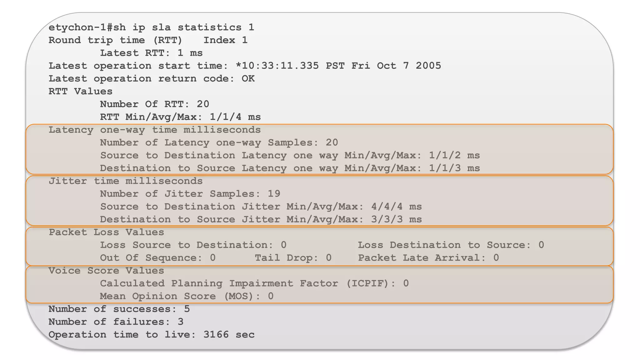 etychon-1#sh ip sla statistics 1
Round trip time (RTT)    Index 1
        Latest RTT: 1 ms
Latest operation start time: *10:33:11.335 PST Fri Oct 7 2005
Latest operation return code: OK
RTT Values
        Number Of RTT: 20
        RTT Min/Avg/Max: 1/1/4 ms
Latency one-way time milliseconds
        Number of Latency one-way Samples: 20
        Source to Destination Latency one way Min/Avg/Max: 1/1/2 ms
        Destination to Source Latency one way Min/Avg/Max: 1/1/3 ms
Jitter time milliseconds
        Number of Jitter Samples: 19
        Source to Destination Jitter Min/Avg/Max: 4/4/4 ms
        Destination to Source Jitter Min/Avg/Max: 3/3/3 ms
Packet Loss Values
        Loss Source to Destination: 0           Loss Destination to Source: 0
        Out Of Sequence: 0       Tail Drop: 0   Packet Late Arrival: 0
Voice Score Values
        Calculated Planning Impairment Factor (ICPIF): 0
        Mean Opinion Score (MOS): 0
Number of successes: 5
Number of failures: 3
Operation time to live: 3166 sec
 