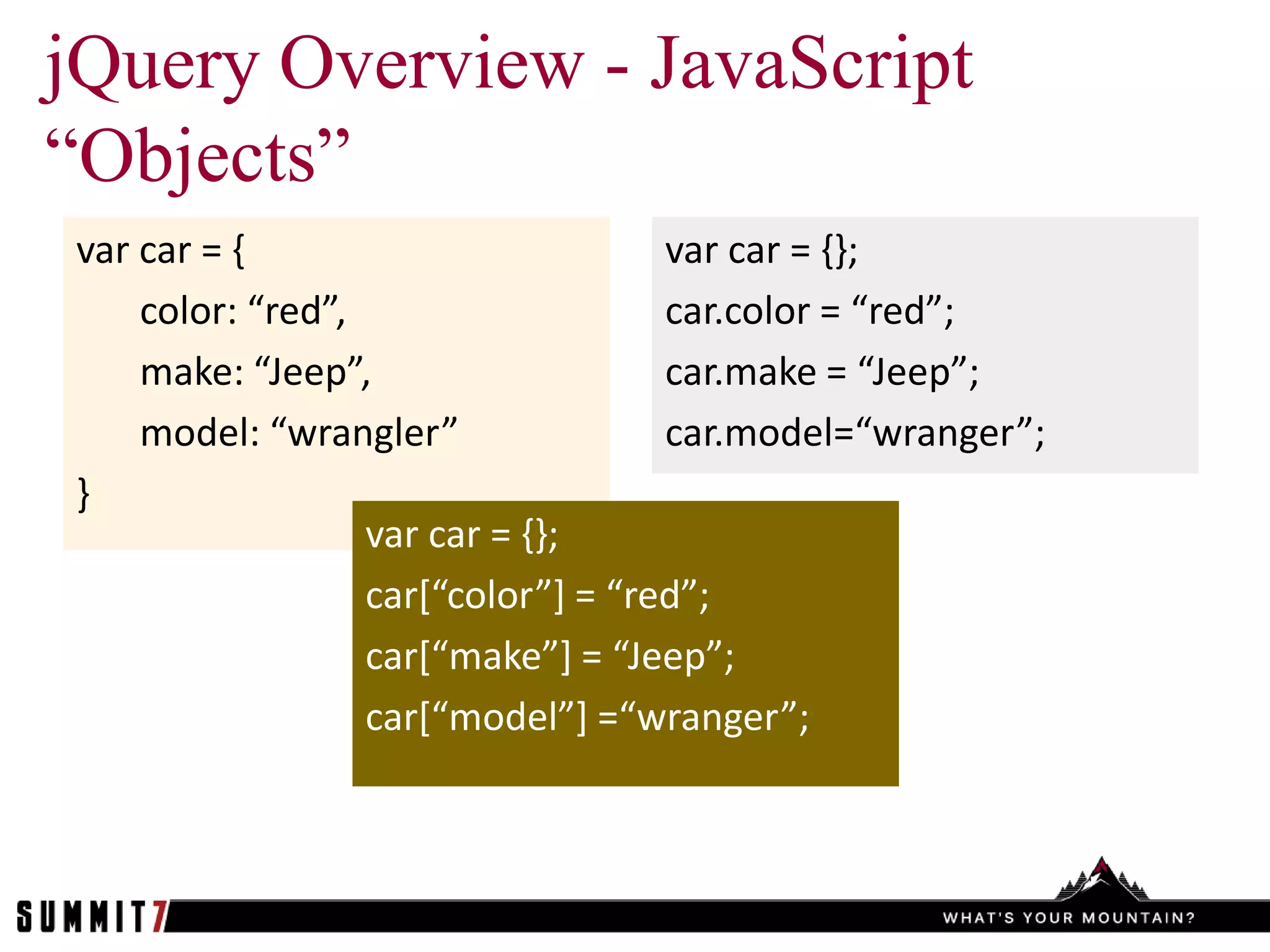 jQuery Overview - JavaScript
“Objects”
var car = {                         var car = {};
    color: “red”,                   car.color = “red”;
    make: “Jeep”,                   car.make = “Jeep”;
    model: “wrangler”               car.model=“wranger”;
}
                  var car = {};
                  car*“color”+ = “red”;
                  car*“make”+ = “Jeep”;
                  car*“model”+ =“wranger”;
 