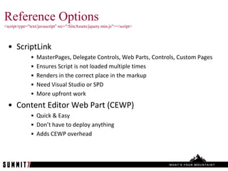 Reference Options
<script type="text/javascript" src="/SiteAssets/jquery.min.js"></script>



  • ScriptLink
              •   MasterPages, Delegate Controls, Web Parts, Controls, Custom Pages
              •   Ensures Script is not loaded multiple times
              •   Renders in the correct place in the markup
              •   Need Visual Studio or SPD
              •   More upfront work
  • Content Editor Web Part (CEWP)
              • Quick & Easy
              • Don’t have to deploy anything
              • Adds CEWP overhead
 