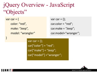 jQuery Overview - JavaScript
“Objects”
var car = {                         var car = {};
    color: “red”,                   car.color = “red”;
    make: “Jeep”,                   car.make = “Jeep”;
    model: “wrangler”               car.model=“wranger”;
}
                  var car = {};
                  car*“color”+ = “red”;
                  car*“make”+ = “Jeep”;
                  car*“model”+ =“wranger”;
 